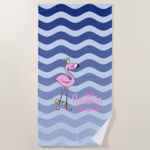 Pink Flamingo Navy Blue Strip Waves Strandtuch