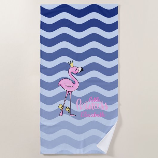 Pink Flamingo Navy Blue Strip Waves Strandtuch (Vorderseite)