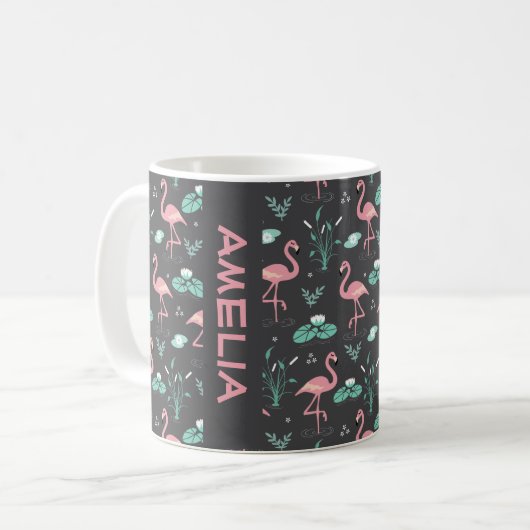 Pink Flamingo niedlicher grauer Mustername Kaffeetasse (Vorderseite Links)