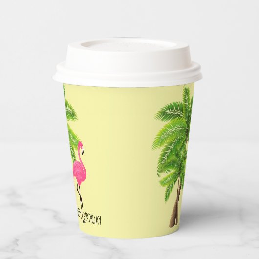 Pink Flamingo & Palm Trees 8oz Paper Cup, Lid Pappbecher (Links)