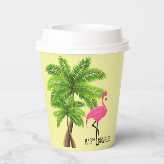 Pink Flamingo & Palm Trees 8oz Paper Cup, Lid Pappbecher (Rückseite)
