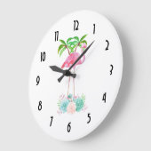 Pink Flamingo Palm trees and Floral Succulents Große Wanduhr (Winkel)