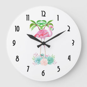 Pink Flamingo Palm trees and Floral Succulents Große Wanduhr