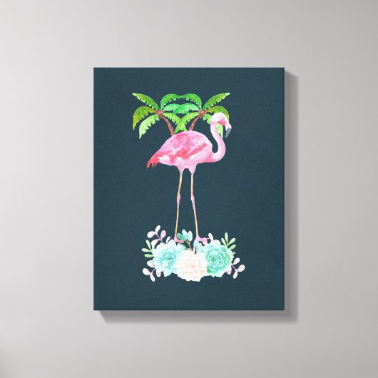 Pink Flamingo Palmen und Blumensukkulturen Leinwanddruck (Vorderseite)