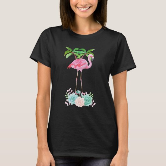 Pink Flamingo Palmen und Blumensukkulturen T-Shirt (Vorderseite)