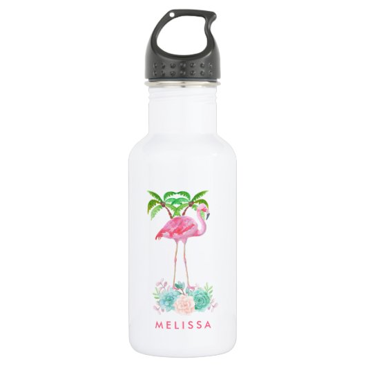 Pink Flamingo Palmen und Blumensukkulturen Trinkflasche (Vorderseite)