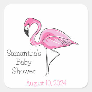 Pink Flamingo Personalisiert Baby Dusche Quadratischer Aufkleber
