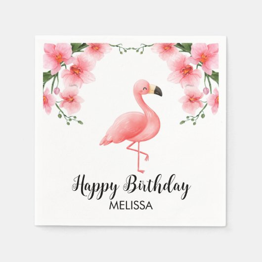 Pink Flamingo Pink Orchid Blume Geburtstag Serviette (Vorderseite)