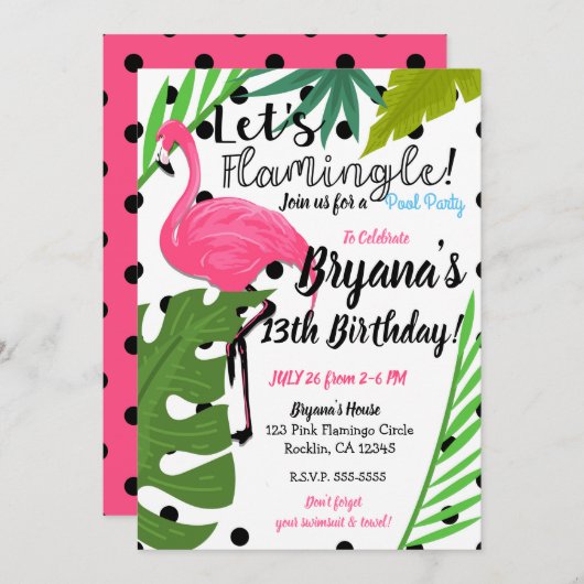 Pink Flamingo Polka Dots Summer Flamingle Party Einladung (Vorne/Hinten)