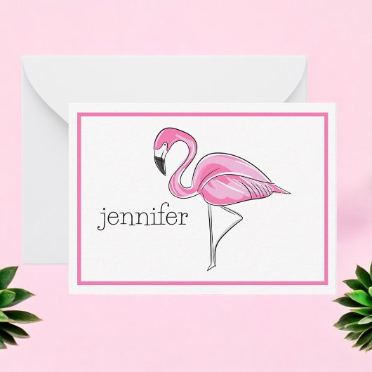 Pink Flamingo Preppy Border Personalisiert Mitteilungskarte