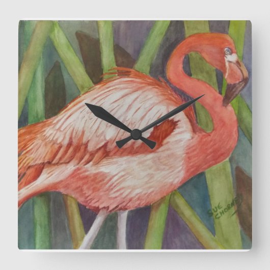PINK FLAMINGO QUADRATISCHE WANDUHR (Vorderseite)