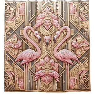 Pink Flamingo Retreat   Retro Art Deco Flamingos Duschvorhang