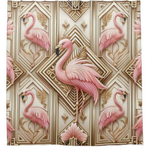 Pink Flamingo Retreat   Retro Art Deco Flamingos Duschvorhang