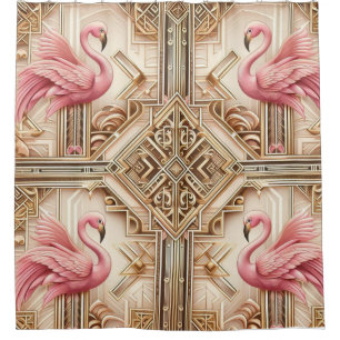 Pink Flamingo Retreat   Retro Art Deco Flamingos Duschvorhang
