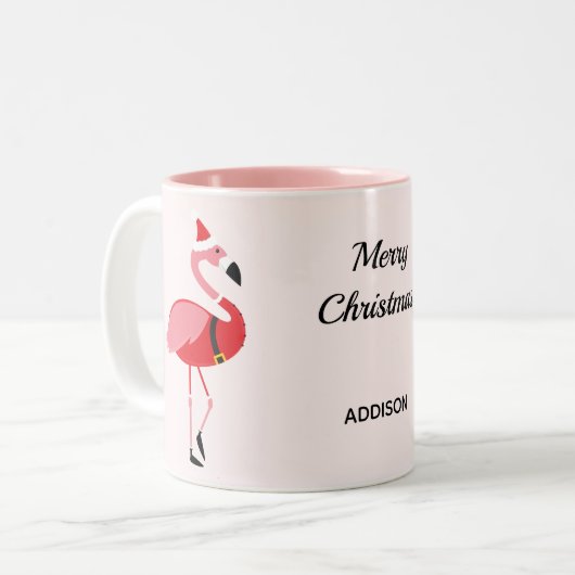 Pink Flamingo Santa Name Tier Weihnachten Zweifarbige Tasse (Vorderseite Links)
