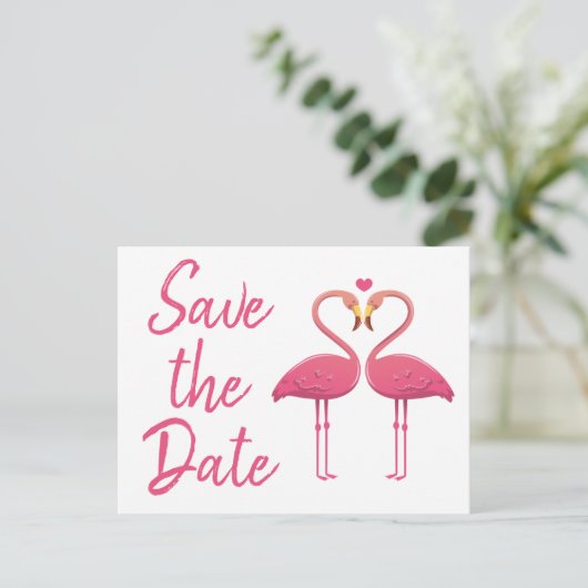 Pink Flamingo Save the Date Verlobung Hochzeit Ankündigungspostkarte (Stehend Vorderseite)