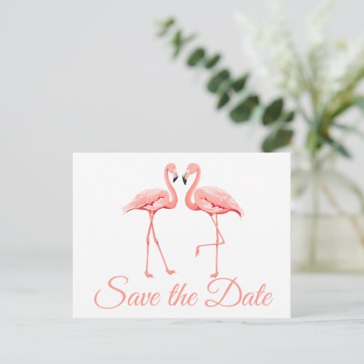 Pink Flamingo Save the Date Verlobung Hochzeit Ankündigungspostkarte (Stehend Vorderseite)
