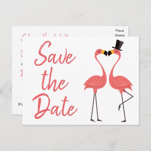 Pink Flamingo Save the Date Verlobung Hochzeit Ankündigungspostkarte (Vorne/Hinten)