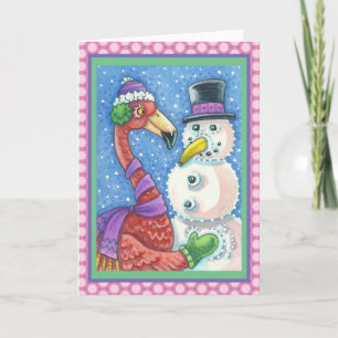 PINK FLAMINGO SCHNEEMANN FEIERTAGSGRUßKARTE Vers Feiertagskarte