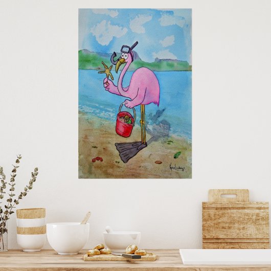 Pink Flamingo Schnorkle Scuba Beach Whimsical Post Poster (Küche)