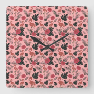Pink flamingo seamless pattern flowers and leaves quadratische wanduhr