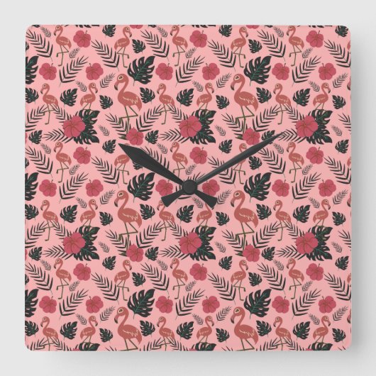 Pink flamingo seamless pattern flowers and leaves quadratische wanduhr (Vorderseite)