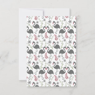 Pink flamingo seamless pattern flowers, leaves karte