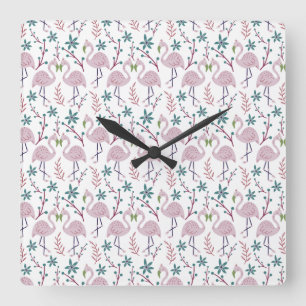Pink flamingo seamless pattern on white background quadratische wanduhr