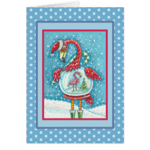 PINK FLAMINGO SNOWGLOBE, CHRISTMAS GREETCARD V