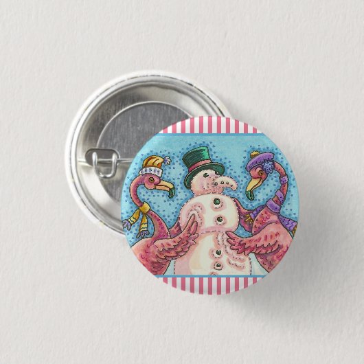 PINK FLAMINGO SNOWMAN CHRISTMAS BUTTON Round (Vorne & Hinten)