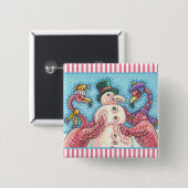 PINK FLAMINGO SNOWMAN CHRISTMAS BUTTON Square (Vorne & Hinten)
