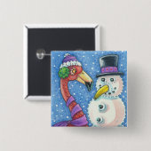 PINK FLAMINGO SNOWMAN CHRISTMAS BUTTON Square (Vorne & Hinten)