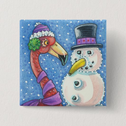 PINK FLAMINGO SNOWMAN CHRISTMAS BUTTON Square (Vorderseite)