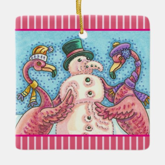 PINK FLAMINGO SNOWMAN, CHRISTMAS FERIENORNATION KERAMIKORNAMENT (Vorderseite)