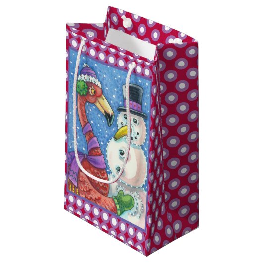 PINK FLAMINGO SNOWMAN CHRISTMAS GIFT BAG Klein Kleine Geschenktüte (Vorderseite Schrägansicht)