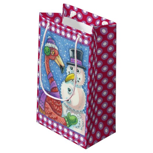 PINK FLAMINGO SNOWMAN CHRISTMAS GIFT BAG Klein Kleine Geschenktüte (Rückseite Schrägansicht)