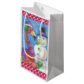 Pink Flamingo Snowman CHRISTMAS GIFT BAG Kleine Geschenktüte (Vorderseite Schrägansicht)