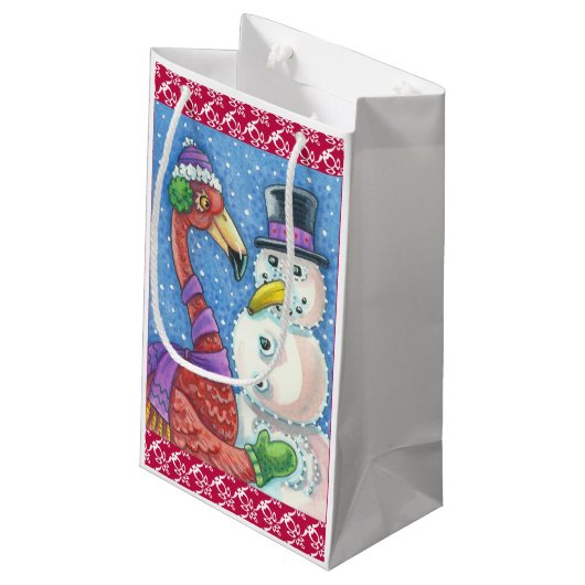 Pink Flamingo Snowman CHRISTMAS GIFT BAG Kleine Geschenktüte (Rückseite Schrägansicht)
