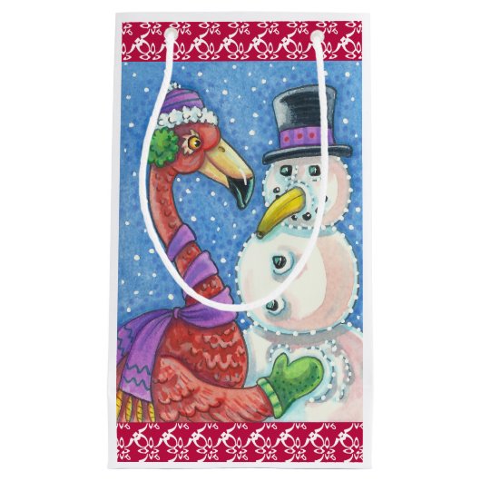 Pink Flamingo Snowman CHRISTMAS GIFT BAG Kleine Geschenktüte (Vorderseite)
