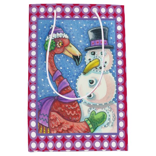 PINK FLAMINGO SNOWMAN CHRISTMAS GIFT BAG Medium Mittlere Geschenktüte (Vorderseite)
