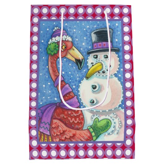 PINK FLAMINGO SNOWMAN CHRISTMAS GIFT BAG Medium Mittlere Geschenktüte (Rückseite)