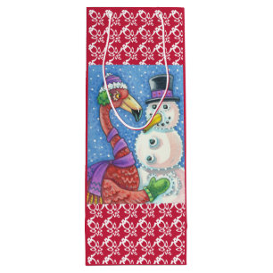 PINK FLAMINGO SNOWMAN CHRISTMAS GIFT BAG - WEIN GESCHENKTÜTE FÜR WEINFLASCHEN