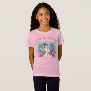 PINK FLAMINGO SNOWMAN, CHRISTMAS GIRL T - SHIRT