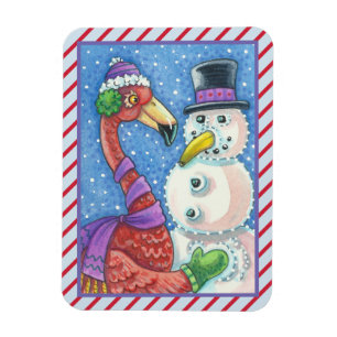 PINK FLAMINGO SNOWMAN CHRISTMAS MAGNET Rectangle