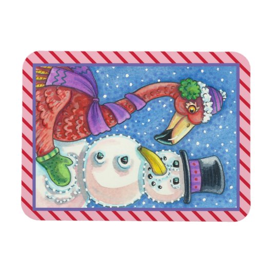 PINK FLAMINGO SNOWMAN CHRISTMAS MAGNET Rectangle (Horizontal)