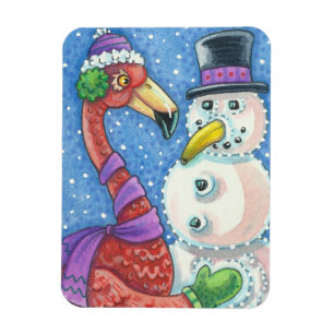 PINK FLAMINGO SNOWMAN CHRISTMAS MAGNET Rectangle