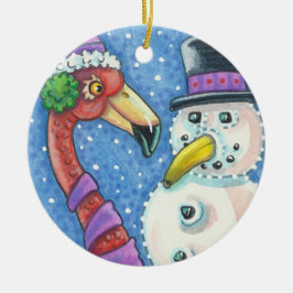 PINK FLAMINGO SNOWMAN CHRISTMAS ORNATIONALE Runde Keramik Ornament