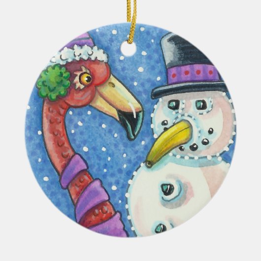 PINK FLAMINGO SNOWMAN CHRISTMAS ORNATIONALE Runde Keramik Ornament (Vorne)