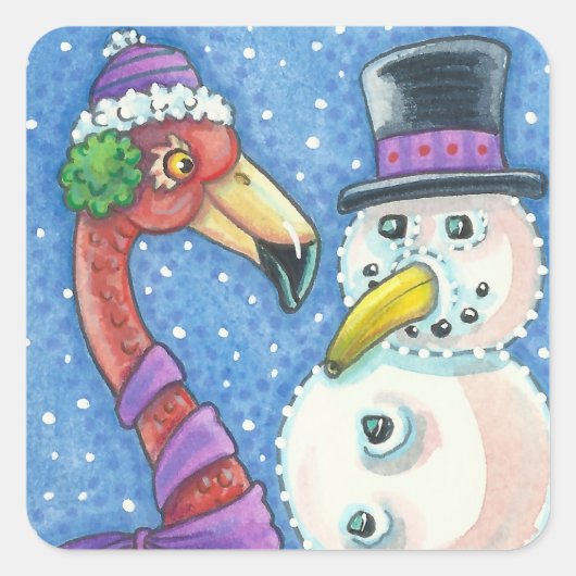 PINK FLAMINGO SNOWMAN CHRISTMAS STICKERS Square (Vorderseite)