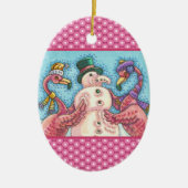 PINK FLAMINGO SNOWMAN, FUNNY CHRISTMAS SNOW BIRD KERAMIK ORNAMENT (Vorne)